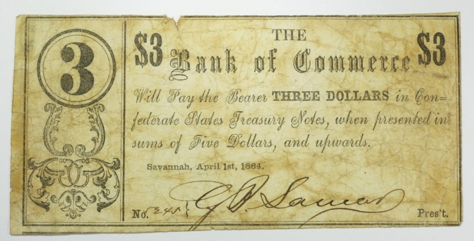 1864 $3 GEORGIA CONFEDERATE BEARER NOTE (1 of 2)