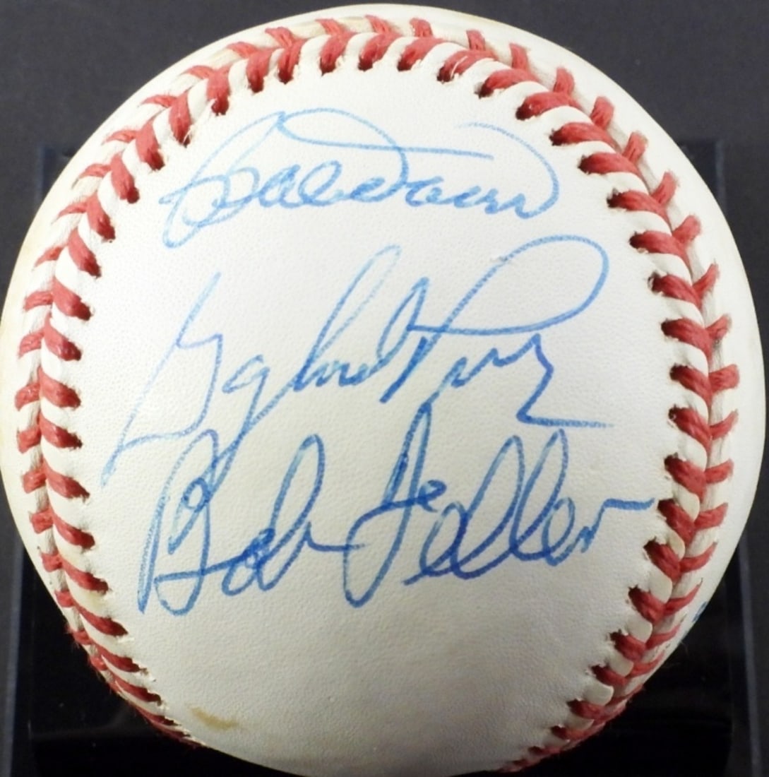 AUTOGRAPH BASEBALL WITH 3 SIGNATURES: GAYLORD PERRY, BOB DOERR, & BOB FELLER; COA BY GRAND SLAM MARKETING, INC.; IN PLASTIC CUBE BALL HOLDER