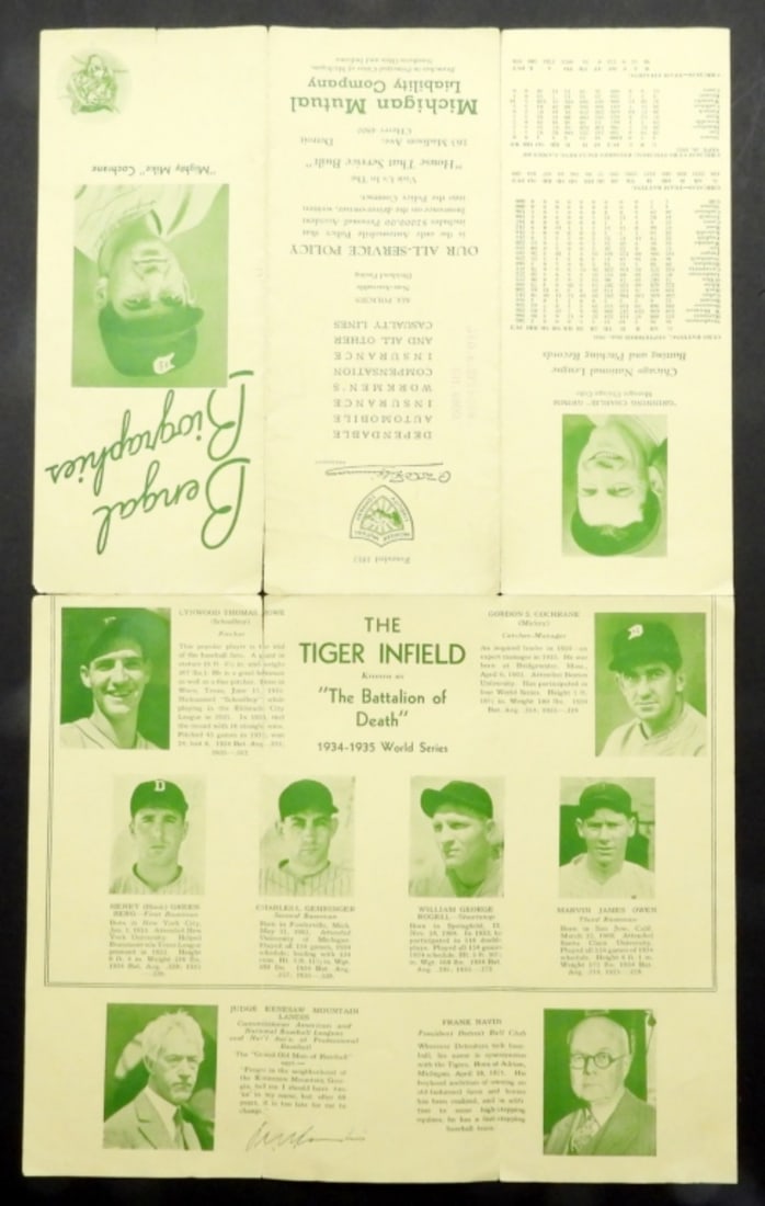 RARE 1934 Detroit Tigers Bengal Biographies: fold-out brochure - light tear front bottom 1" & some tears on fold lines typical - otherwise VGEX+
