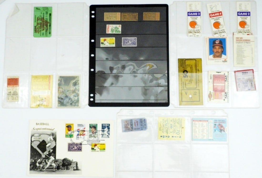 BASEBALL STAMPS & TICKET COLLECTION: BASEBALL SESQUICENTENNIAL CACHET w/STAMPS, VARIOUS TICKETS FOOTBALL & BASEBALL BROWNS, INDIANS & MORE