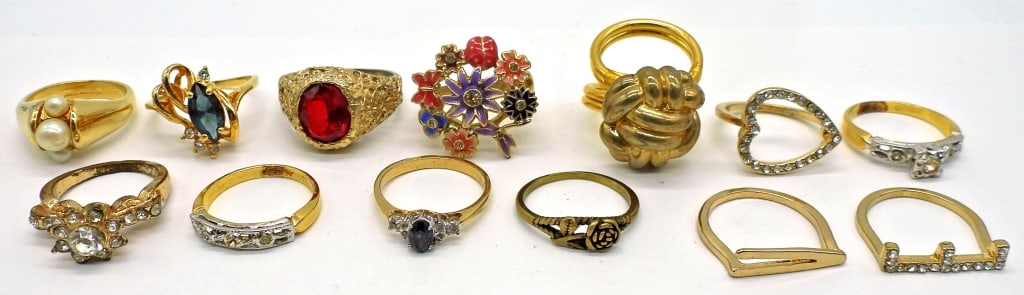 Gold Tone Rings: Various sizes, styles, and stone colors.