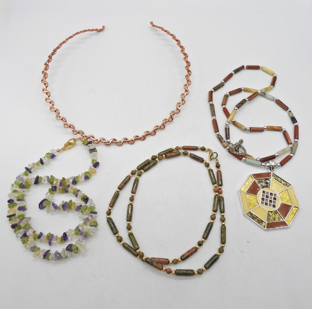 (4) AUTUMN-TONES LAYERING NECKLACES: (1) 16" GREEN & PURPLE AMETHYST CHIP, (1) 20" JASPER & GOLD-TONE BEADS, (1) 22" MULTI-STONE BEADS W/ LARGE 2" PENDANT, & 5" DIAMETER COPPER-TONE WOVEN CHOKER.