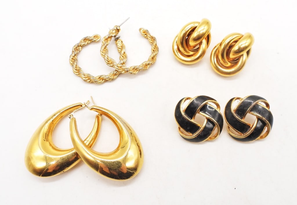 (4) GOLD TONE PIERCED EARRINGS: 1- PAIR MONET WITH BLACK INLAY