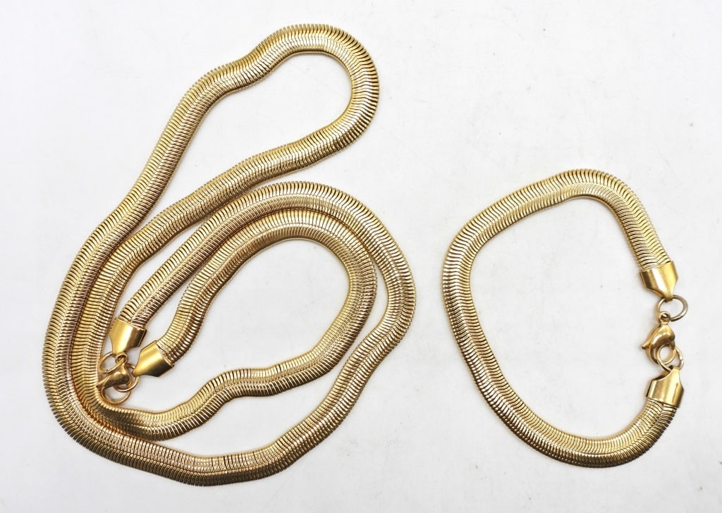 SNAKE CHAIN NECKLACE AND BRACELET SET: SILVER TONE, NECKLACE 22" LONG , BRACELET 8" LONG WITH LOBSTER CLASP
