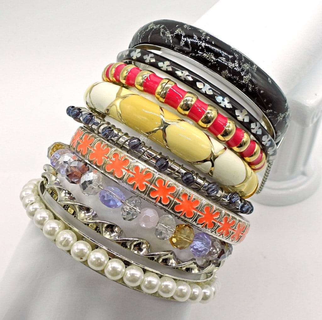 10 Bangle Bracelets: Various colors and styles.