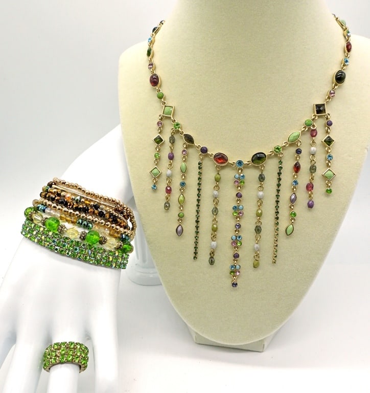 Green Earth tone Rhinestone Necklace & Bracelets (1 of 3)