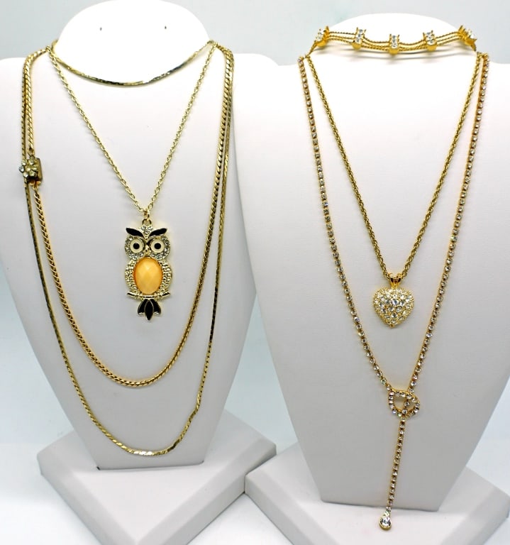 Gold Tone Rhinestone Jewelry: 5 necklace in various lengths, plus two tennis bracelets. Great sparkle on this set!