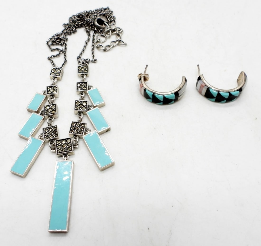 SLEEPING BEAUTY STERLING SOUTHWEST LOT: 18" NECKLACE w/MARCASITE & ZUNI STAMPED EARRINGS (18 DWT)