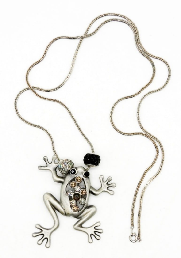 STERLING FROG NECKLACE WITH RHINESTONES: STERLING SILVER FROG PENDANT, BLACK & CLEAR RHINESTONES, 30 INCH CHAIN LENGTH, 20 DWT