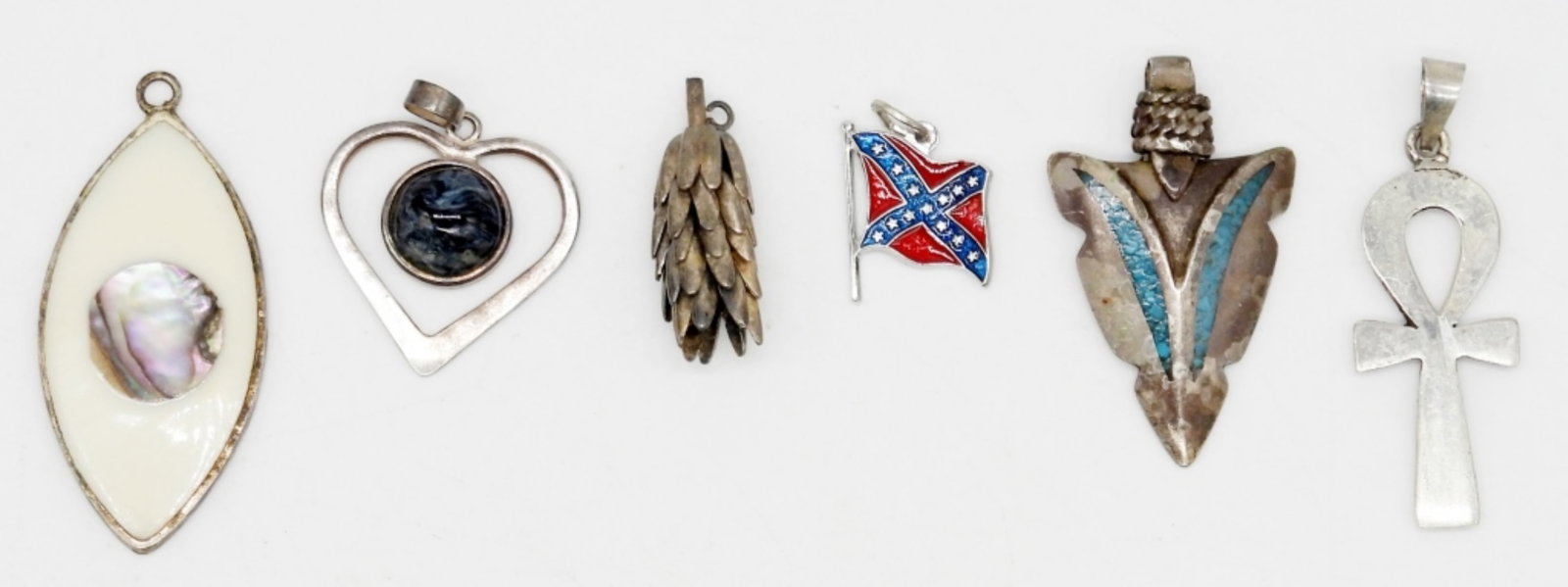 (6) STERLING SILVER PENDANTS: TURQUOISE, ABALONE INLAY, NATURAL STONE & MORE - ALL DIFFERENT; STAMPED 925, ALPACA MEXICO, BEAU STERLING; 15 DWT