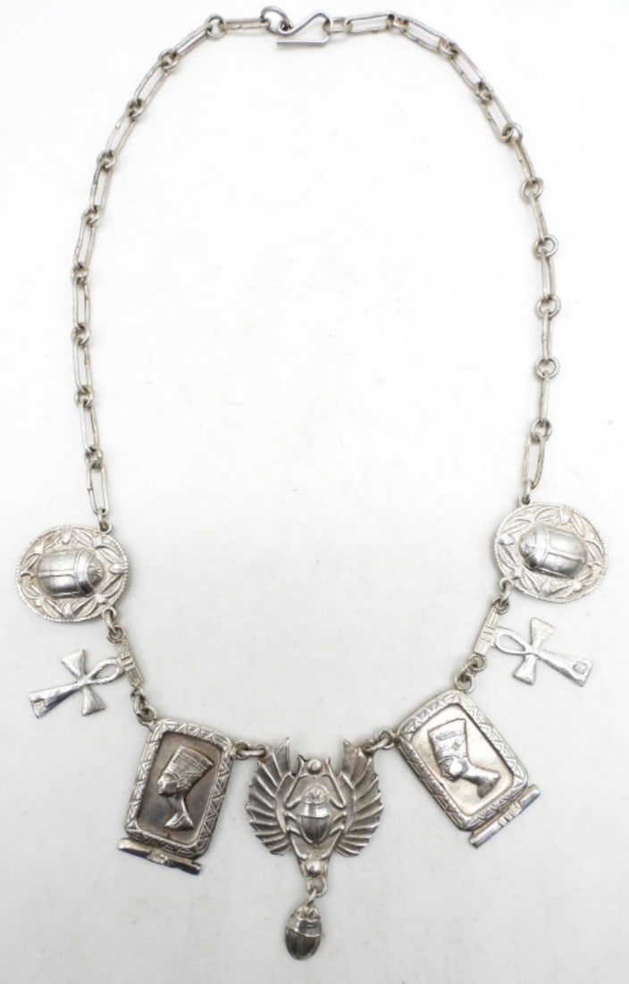 STERLING EGYPTIAN CHOKER NECKLACE: 18DWT,16" LONG WITH HOOK CLASP, UNQUIE CHOKER, NO STAMPING FOUND