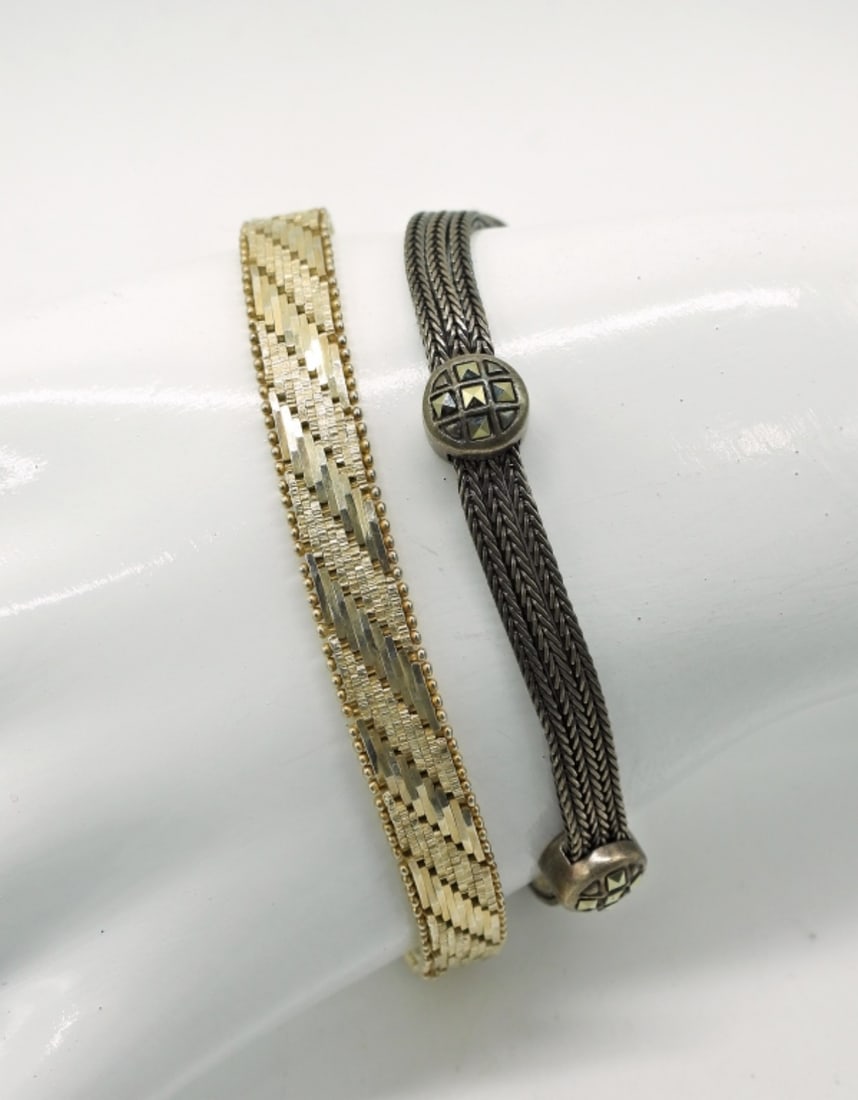 Sterling Bracelets: Sterling Marcasite, Dark Tone 7 inch bracelet & Sterling Gold Tone 7 inch Bracelet - DWT 20.9
