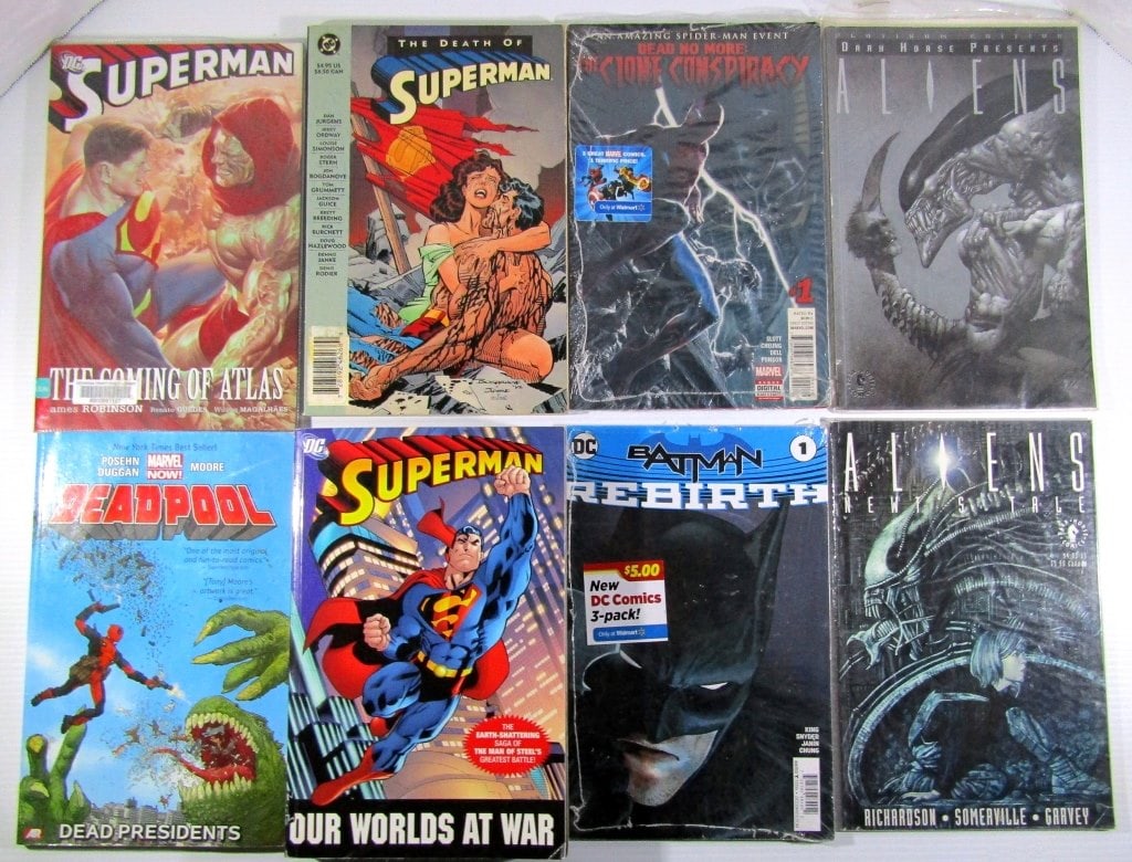 (8) DC & DARK HORSE SOFT BACK BOOK LOT: SUPERMAN, ALIENS, DEADPOOL & MORE