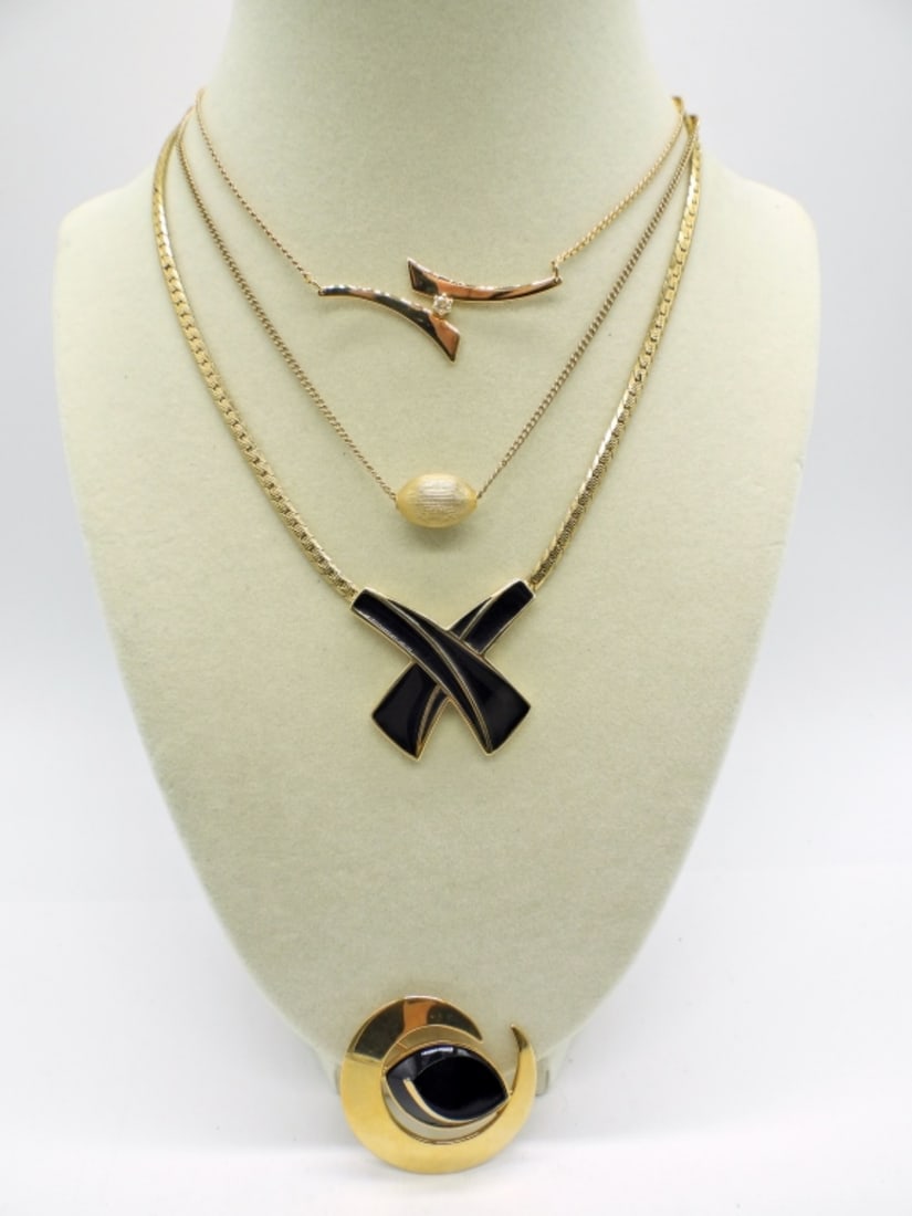 Designer Necklaces & Pin: Trifari and Sarah Coventry. Various lengths 14-16 inches. Pin measures 1.5 inches across. All gold tone.