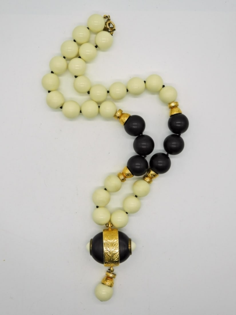 Vintage Donald Stannard Necklace: Black, white, and gold large bead necklace. 22 inches long.