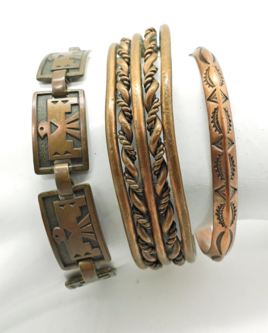 Copper Bracelets: Two cuff bracelets, and one clasp bracelet. Various sizes 5-7 inches.