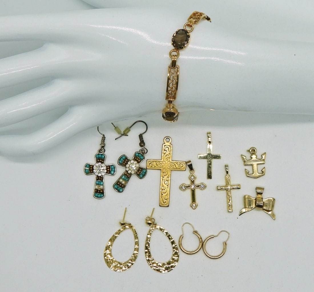 Cross Pendants, Earrings & Bracelet: 5 Gold Tone Cross Pendants, Beaded Cross Earrings, Gold Tone Bracelet with Gemstone & Gold Tone Earrings