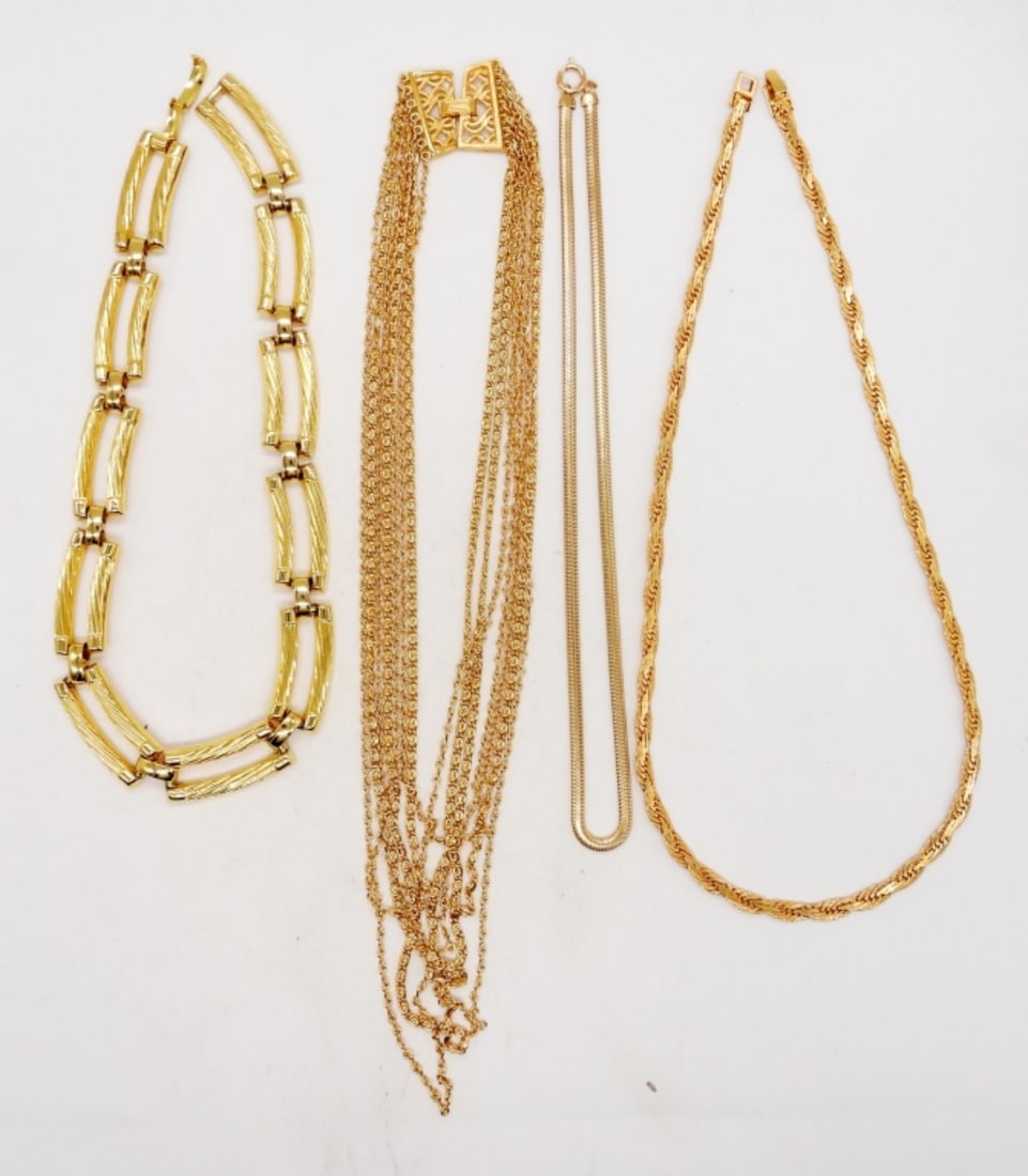 (4) VINTAGE GOLD TONE NECKLACES- TRIFARI: ALL DIFFERENT DESIGNS & VARIOUS LENGTHS, GOLD TONE NECKLACES - (1) IS STAMPED "TRIFARI"