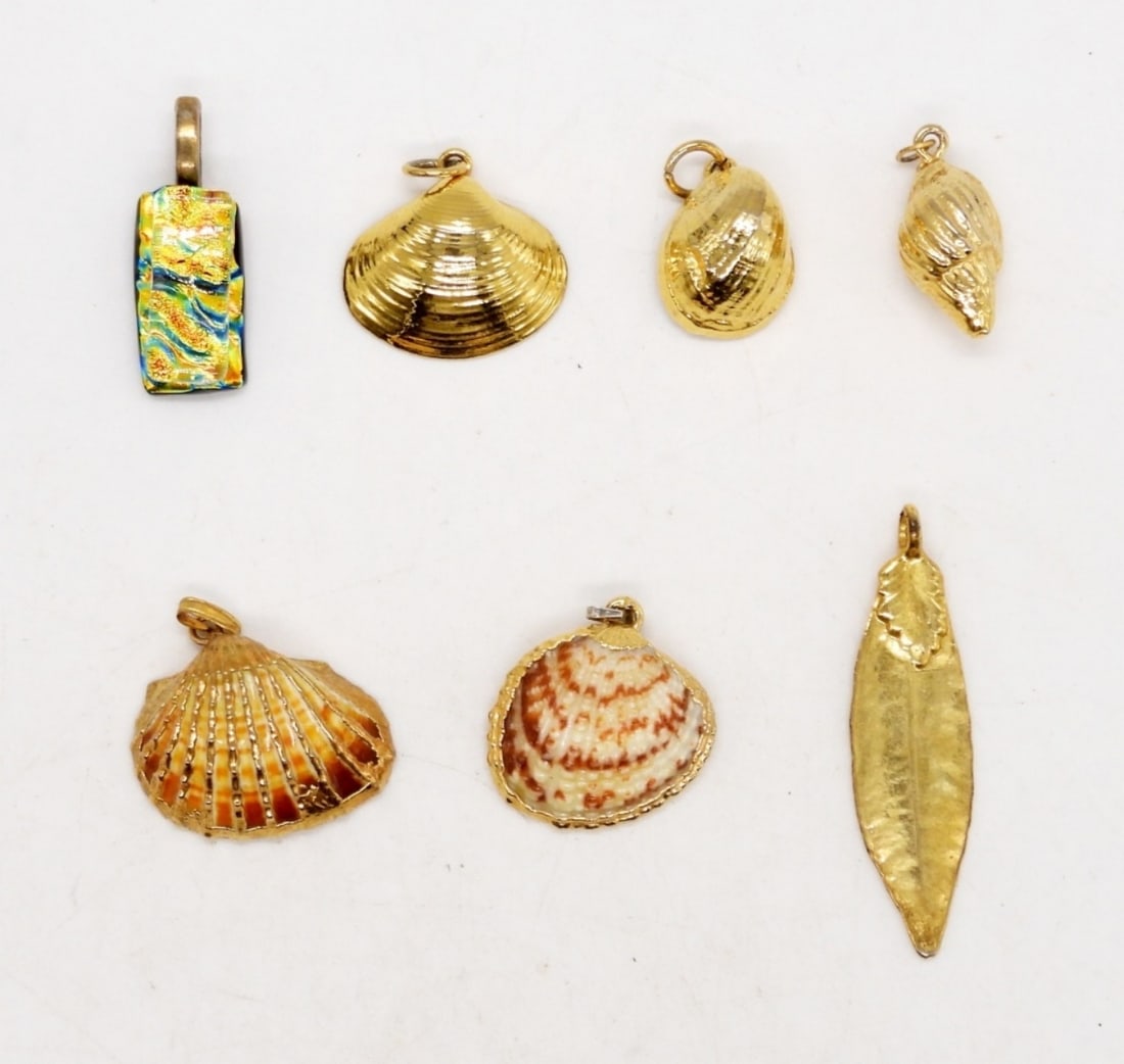 (7) GOLD TONE PENDANTS - SEASHELLS: SEASHELLS, LEAF & GLASS BEAD PENDANT - ALL DIFFERENT & UNIQUE - SMALL PENDANT CHARMS