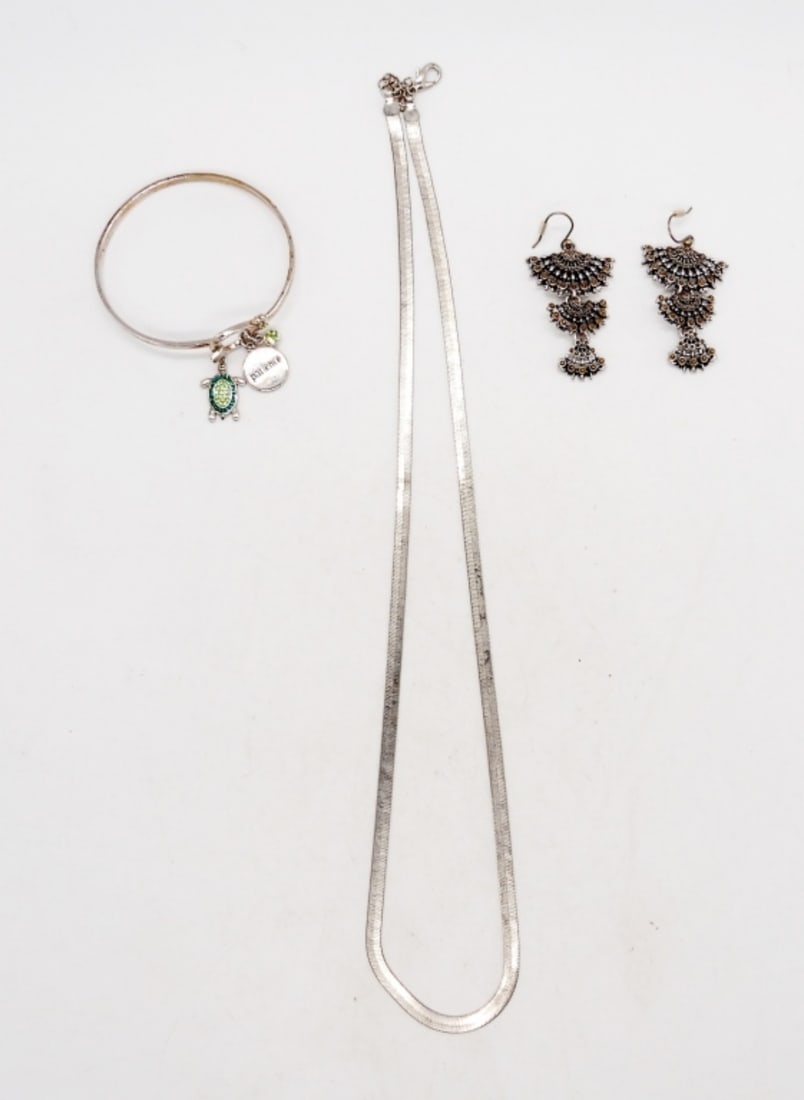 SILVER BRACELET - EARRINGS - NECKLACE: BRACELET WITH SPARKLY CHARMS, EARRINGS WITH UNIQUE FAN DESIGN, SILVER 24" CHAIN NECKLACE