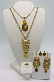 5 Piece Gold Tone Tigers Eye Gemstone Set