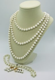 Vintage White Beaded Necklace Earring Set