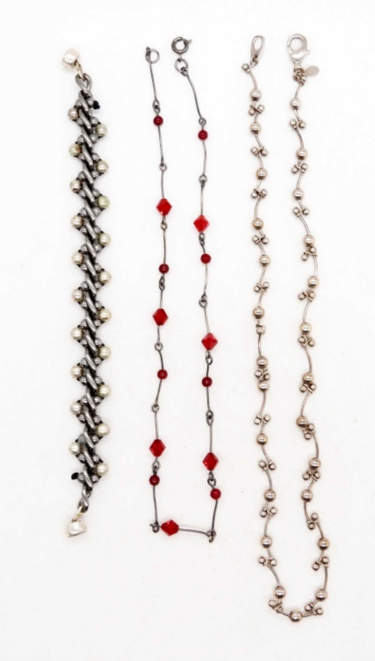 (2) VINTAGE CHOKERS (1) BRACELET: 16" & 18" CHOKERS WITH SILVER BEADS & RED RHINESTONE BEADS; 7 INCH CHAIN BRACELET WITH MAGNET CLASP