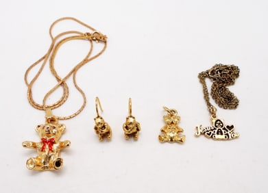 GOLD TONE TEDDY BEAR THEMED JEWELRY LOT
