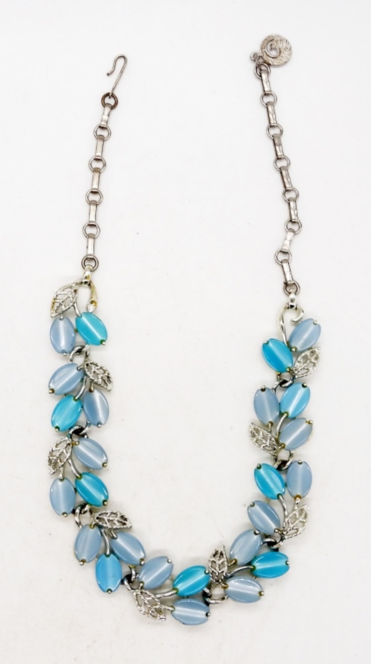LISNER SILVER TONE & BLUE STONE CHOKER: LISNER STAMPED SILVER TONE 16 INCH CHOKER WITH SMOOTH LIGHT BLUE NATURAL STONES