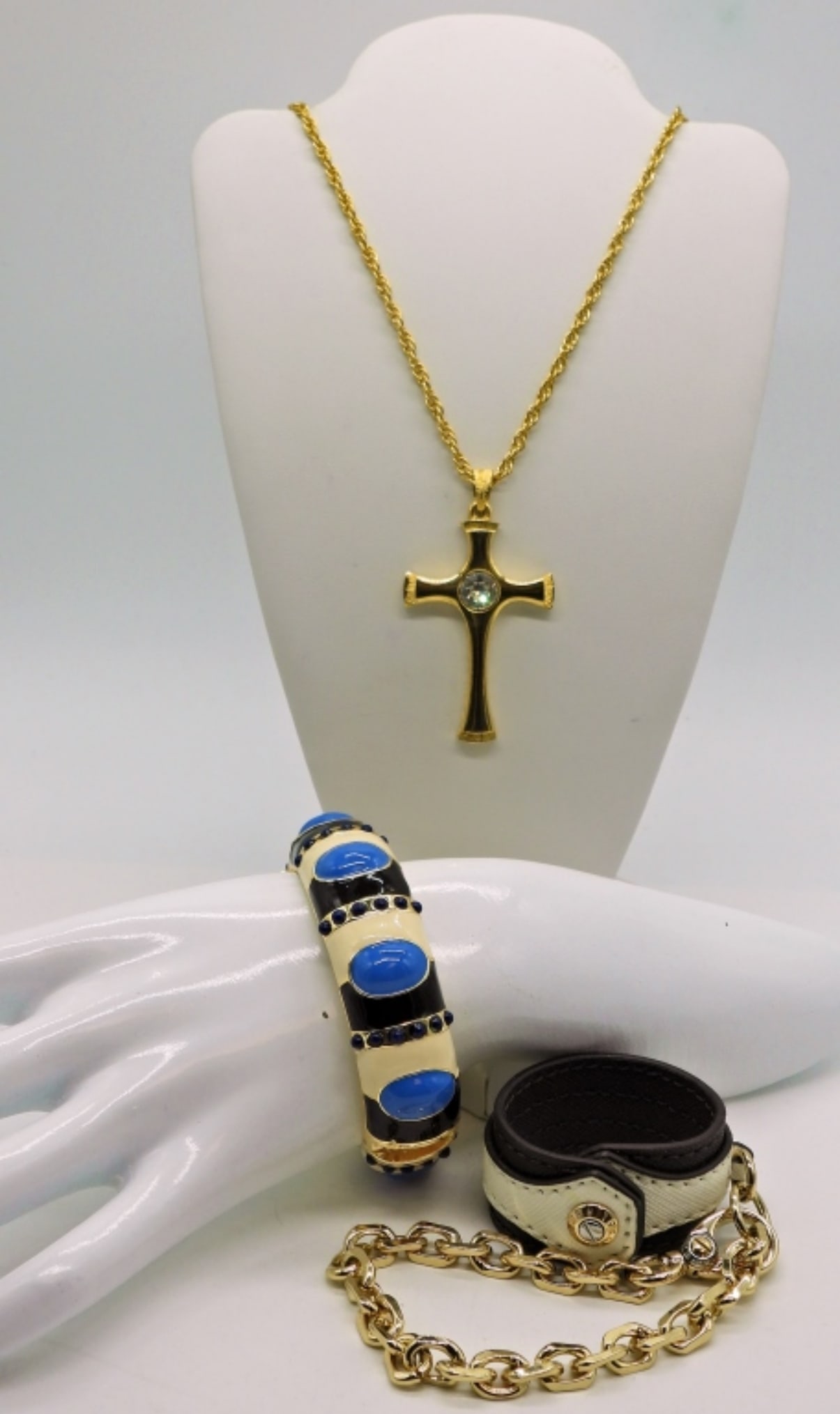 Gold Tone Bracelet, Necklace & Glove Clip: One Gold Tone Bangle, Gold Tone Cross with Gemstone (22in Length) & Gold Tone Glove/Scarf Clip