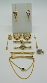 11 Gold Tone Pins with Gemstones