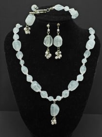 Beaded Set, White & Pink in Silver Tone
