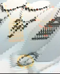 (3) Gold Tone Necklaces with Red Gemstones & Brace