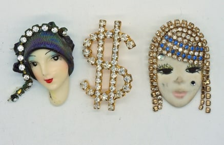 (3) Pins. Vintage Marsha Bauer Porcelain Flapper