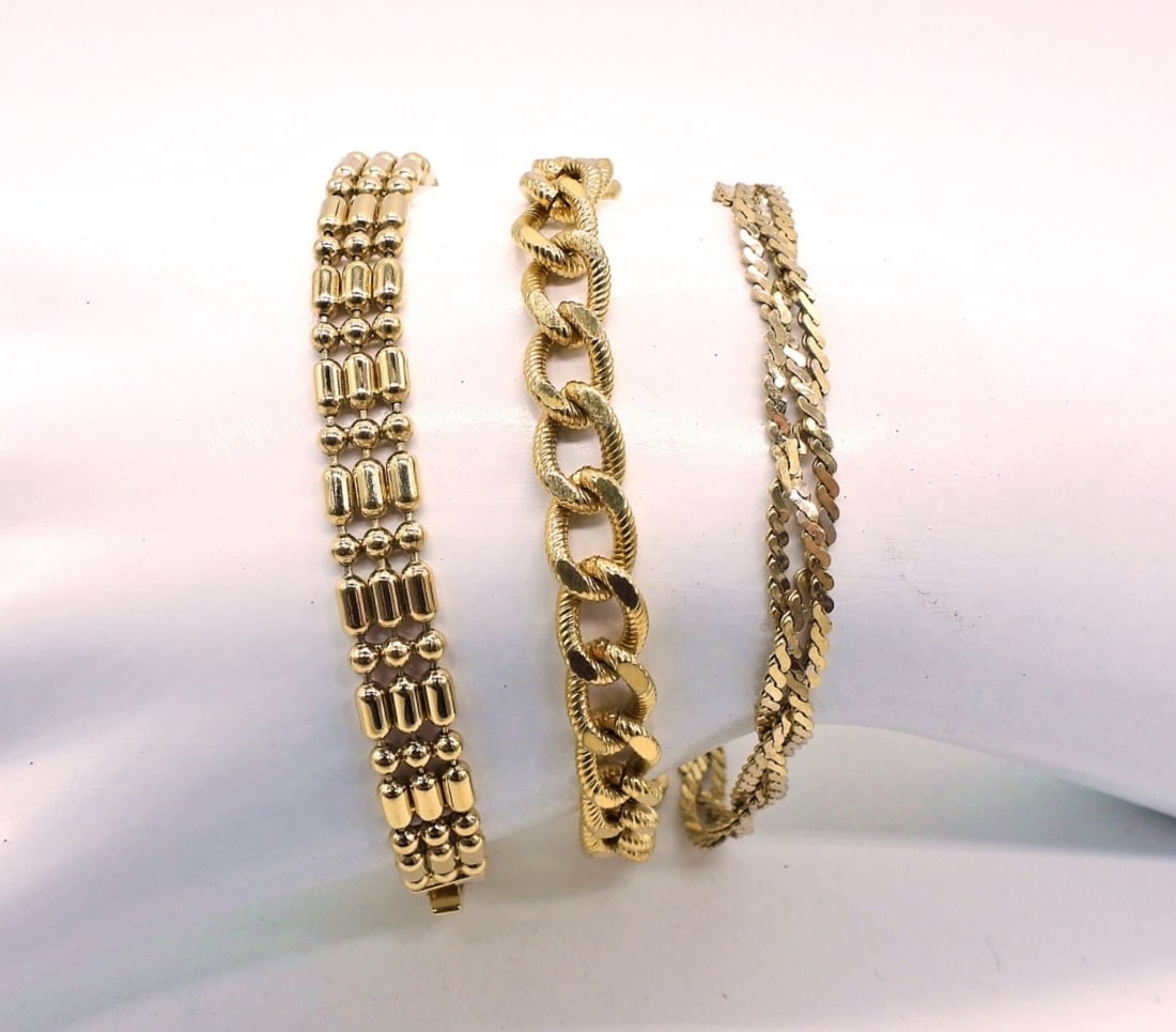 (3) Gold Tone Chain Bracelets: Three Gold Tone Chain Bracelets in very good condition.