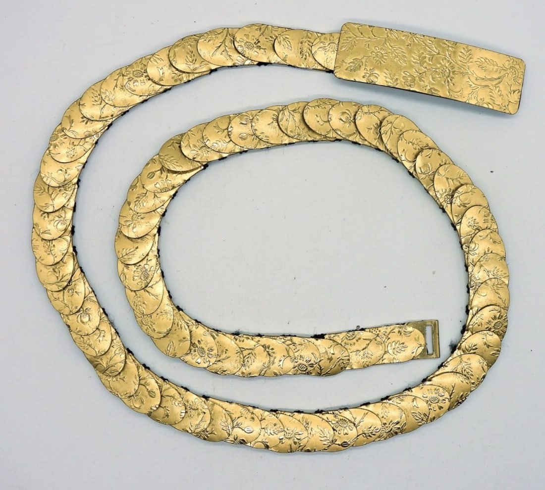 Gold Tone, Gold Foil Floral Design on Elastic Belt: 28 Inch Elastic Belt with Beautiful Gold Foil, Floral Design. Very Unique.