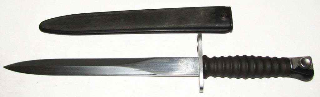 Swiss M1957 Wenger Waffenfabrik Bayonet: With Scabbard. 9.25" Blade, 14.5" Overall.