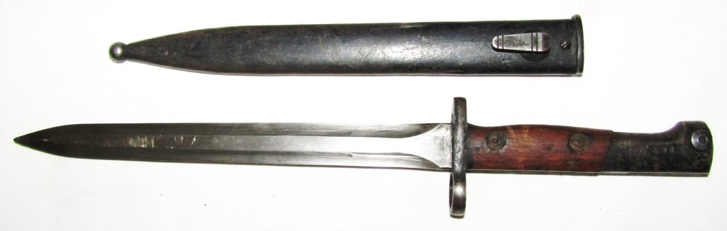 Belgian FN49 SA30 Crown J Bayonet & Scabbard: Bayonet Serial Number 11371; 9" Blade, 14" Overall.