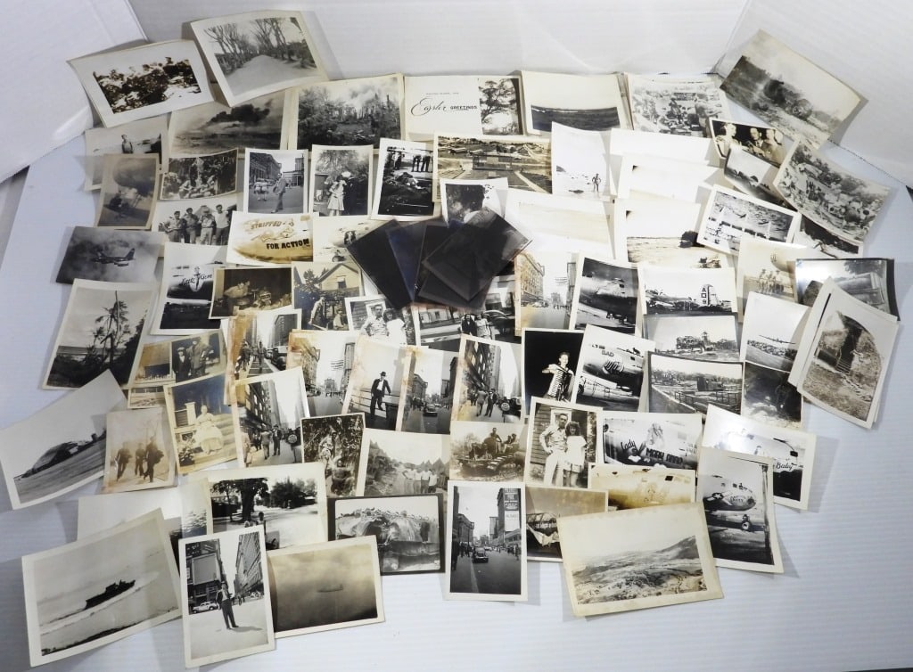 BLACK & WHITE MILITARY WAR TIME PHOTO's: SEVERAL PIN-UP PLANE PHOTOS, BUDDY PHOTOs, SURROUNDING COUNTRY VIEW PHOTOS & MORE (APPROX 105)