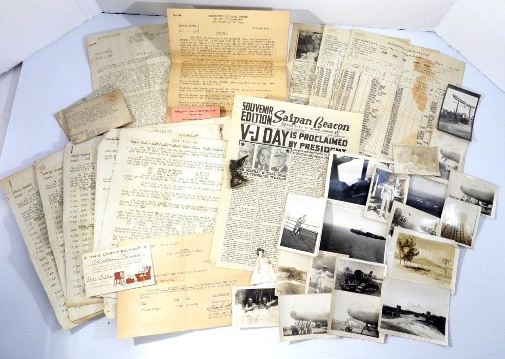 1945 HEADQUARTERS PAPERS / PHOTOs: INTERESTING MILITARY PERSONNEL LOT - SOME CONFIDENTIAL AERIAL PHOTOS