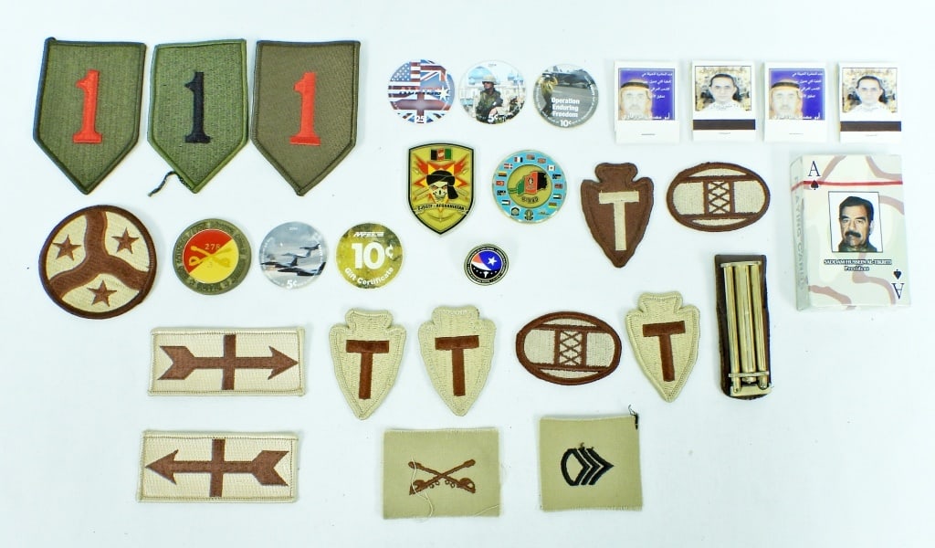 AFGHANISTAN MIDDLE EAST MILITARY LOT: CHALLENGE COINS, PATCHES, DECK of CARDS, LIGHTER / MATCHES & MORE
