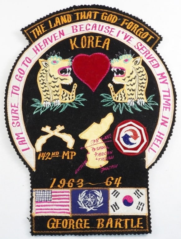1963-64 KOREA PATCH WORK PIECE - NICE!: THE LAND THAT GOD FORGOT - NAMED on BOTTOM ( two small pinholes top banner)
