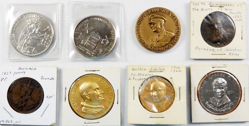 COMMEMORATIVE COIN LOT - Wm BOOTH: SALVATION ARMY FOUNDER, (2) TOMBSTONE AZ, EISENHOWER, ROBERT F KENNEDY, (2) RELIGIOUS, (1) 1927 AUSTRALIA LARGE CENT