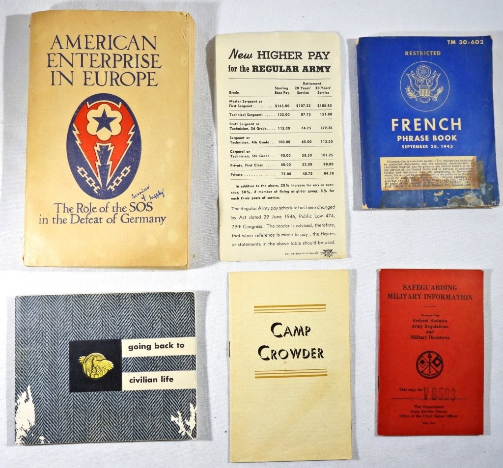 FRENCH PHRASE BOOK 1943, CIVILIAN LIFE: 1945, SAFEGUARDING MILITARY INFORMATION GUIDE, AMERICAN ENTERPRISE IN EUROPE, CAMP CROWDER BOOKLET & ARMY PAY SCALE