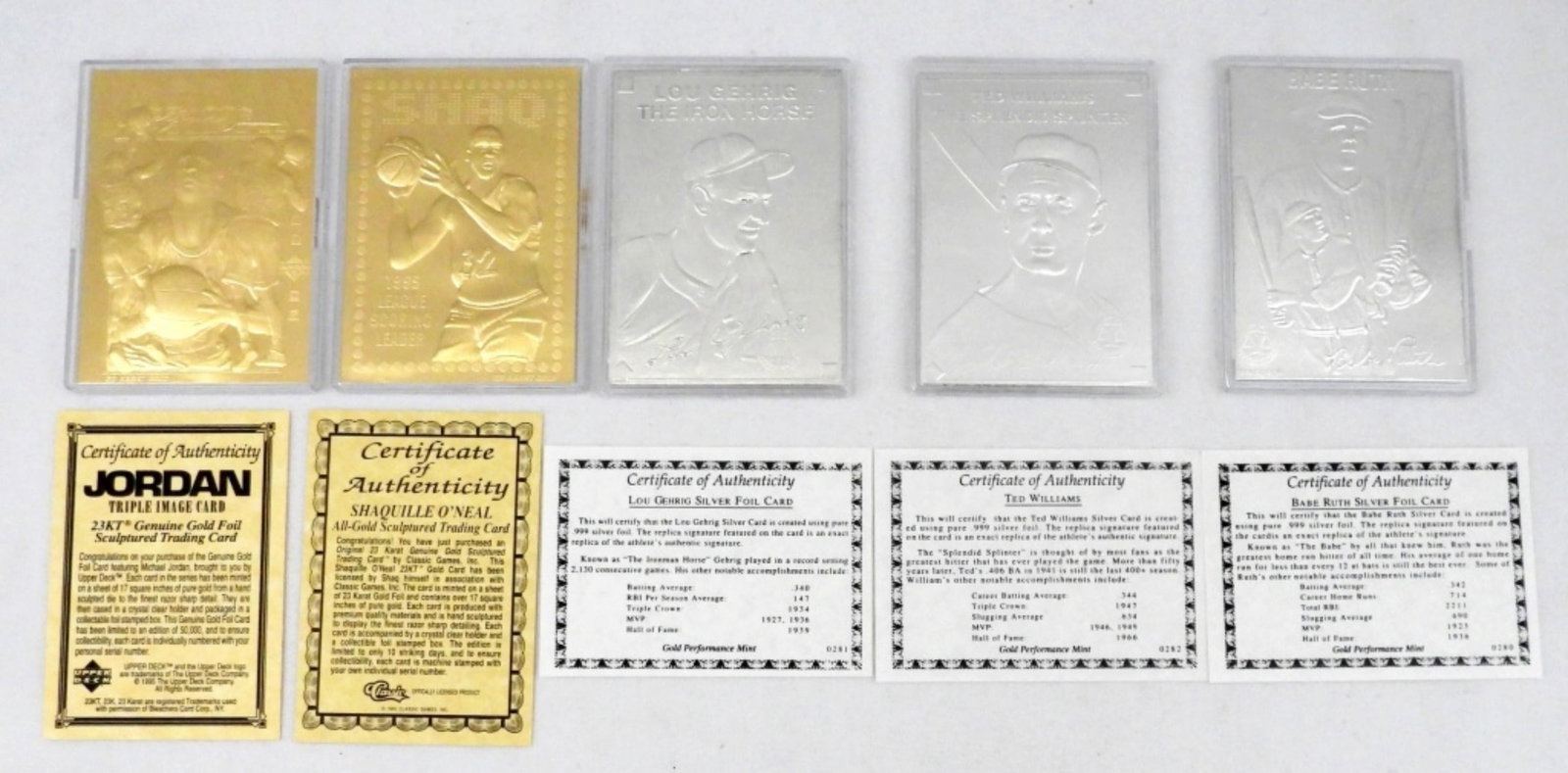 (5) GOLD& SILVER CARDS - GEHRIG, RUTH,: WILLIAMS, JORDAN & SHAQ - ALL in ORIGINAL PACKS