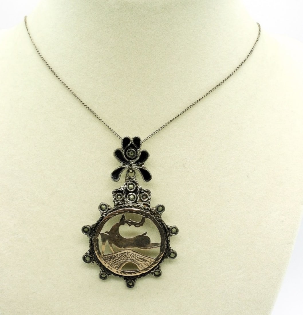 Vintage 925 Deer Marcasite Necklace (1 of 3)