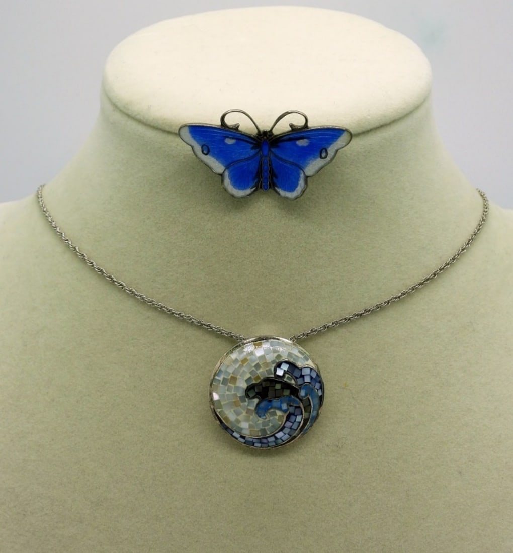 925 Mosaic Pendant & Brooch: Round Sterling 18 inch Mosaic Wave Pendant/Necklace. Adorable Sterling Blue Butterfly Brooch. 9DWT