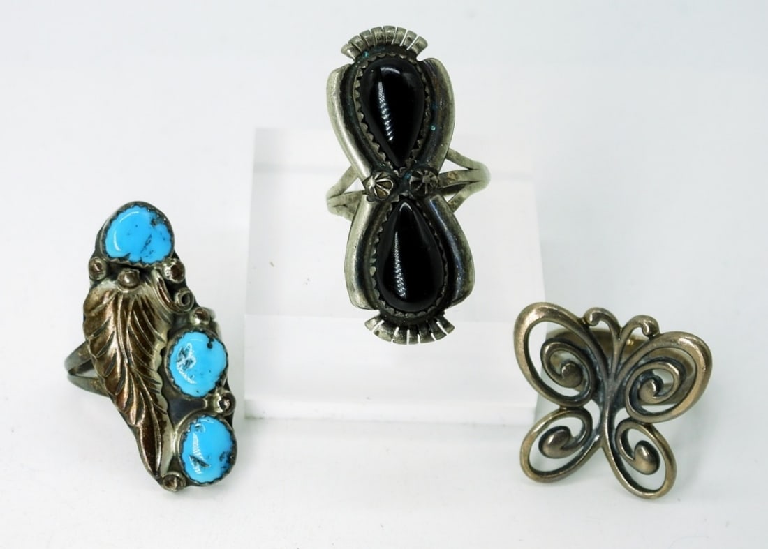 (3) Vintage 70's Sterling Rings: Sterling Silver Vintage 1970's Rings. Turquoise and Onyx Gemstones. 12DWT