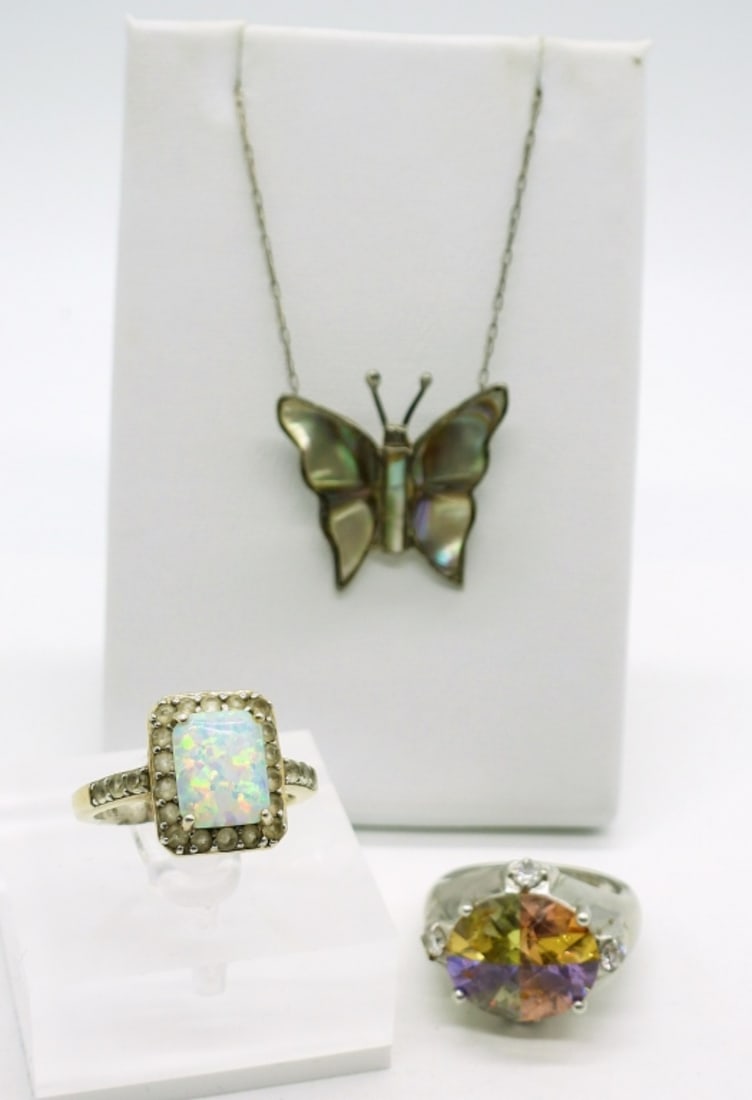 Vintage 925 Abalone Shell Necklace & 2 Rings (1 of 3)
