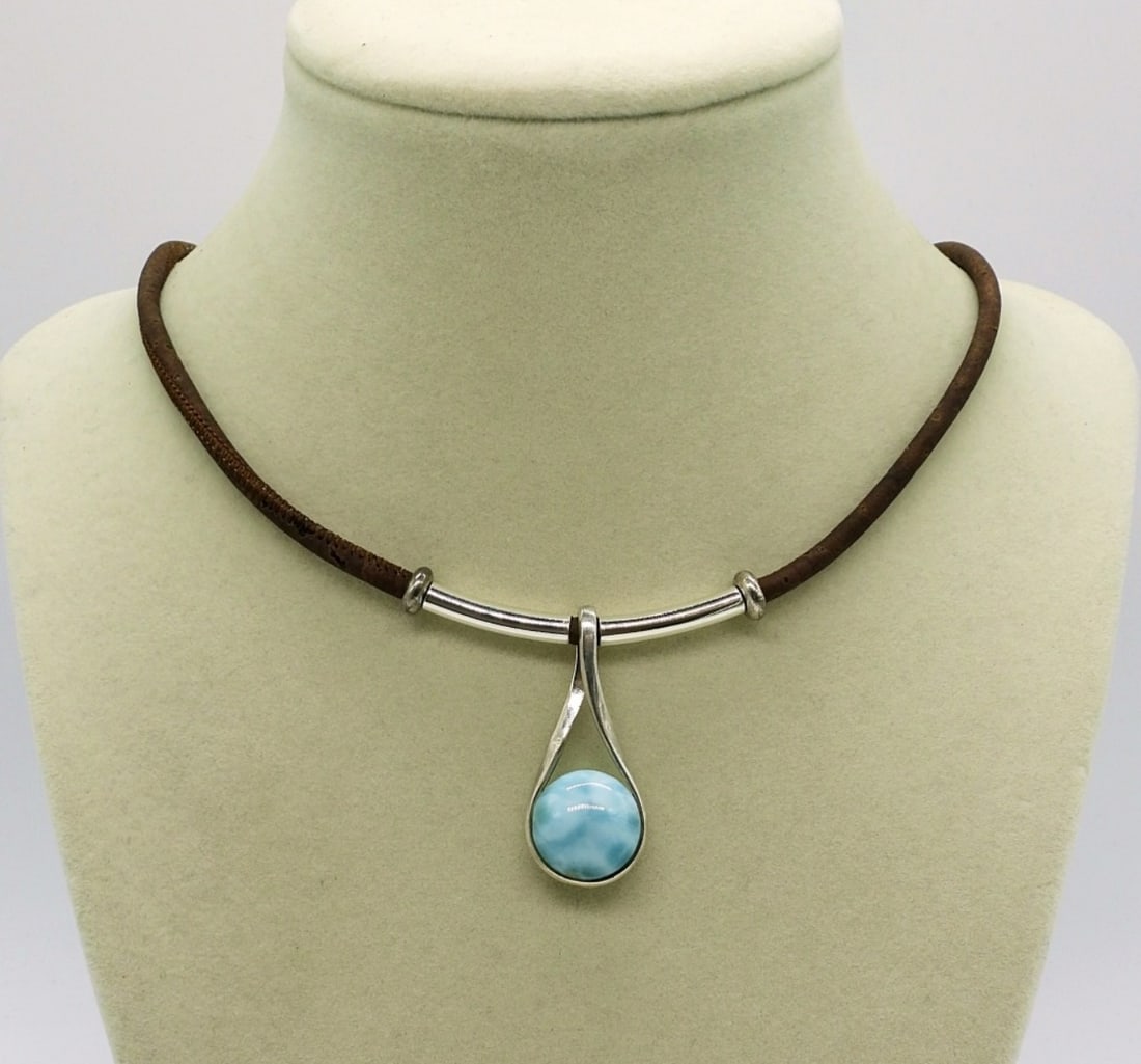 Sterling Larimar Leather Necklace: 17 inch, thick leather cord with sterling beading. Sterling Larimar Pendant and Magnetic Clasp. 10.5 DWT